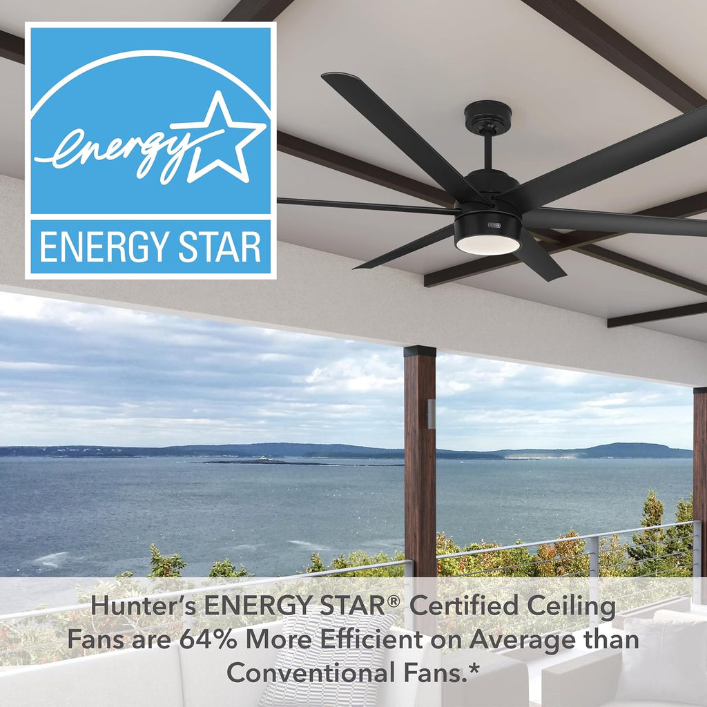 Hunter 72 inch Outdoor or Indoor Ceiling Fan with LED Light - Black Ceiling Fan with Wall Control, For Patio, Garage, or Porch, Quiet, Standard Mount, 6 Blades - Solaria 59628, Matte Black