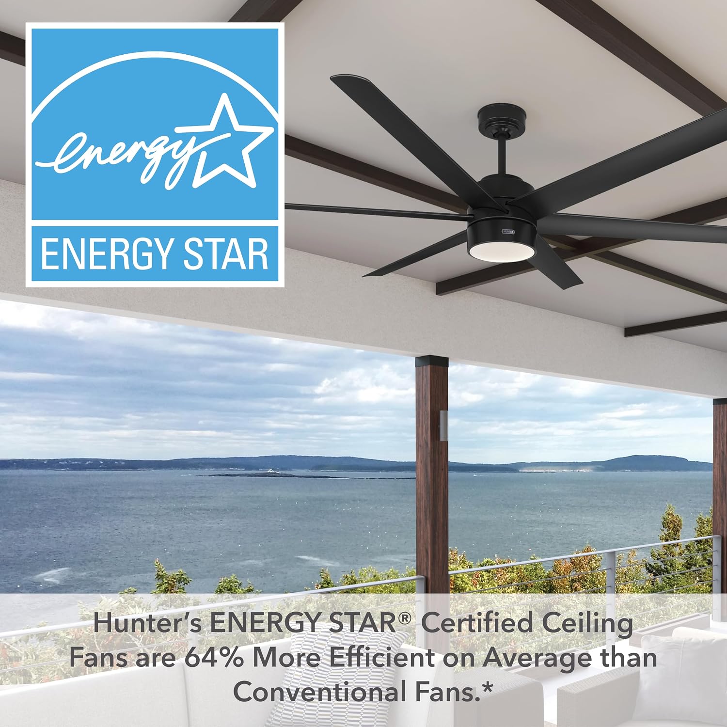 Hunter 72 inch Outdoor or Indoor Ceiling Fan with LED Light - Black Ceiling Fan with Wall Control, For Patio, Garage, or Porch, Quiet, Standard Mount, 6 Blades - Solaria 59628, Matte Black
