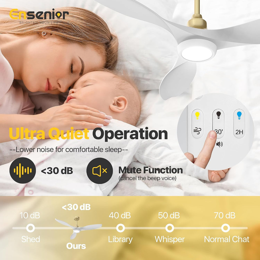 Ensenior Ceiling Fan with Light White and Gold, 52 Inch Ceiling Fans with Lights and Remote, 3 ABS Blades, Quiet Reversible DC Motor, 6-Speed, Dimmable 3CCT LED with Memory, Modern Fan for Living Room