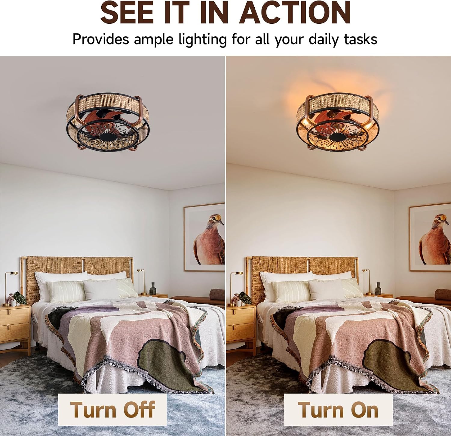 18.9in Boho Ceiling Fan with Lights Flush Mount Fandelier Ceiling Light with Fan Rattan Farmhouse Ceiling Fan Caged Fan Lighting with Remote Reversible 6 Speeds Motor E26 Base