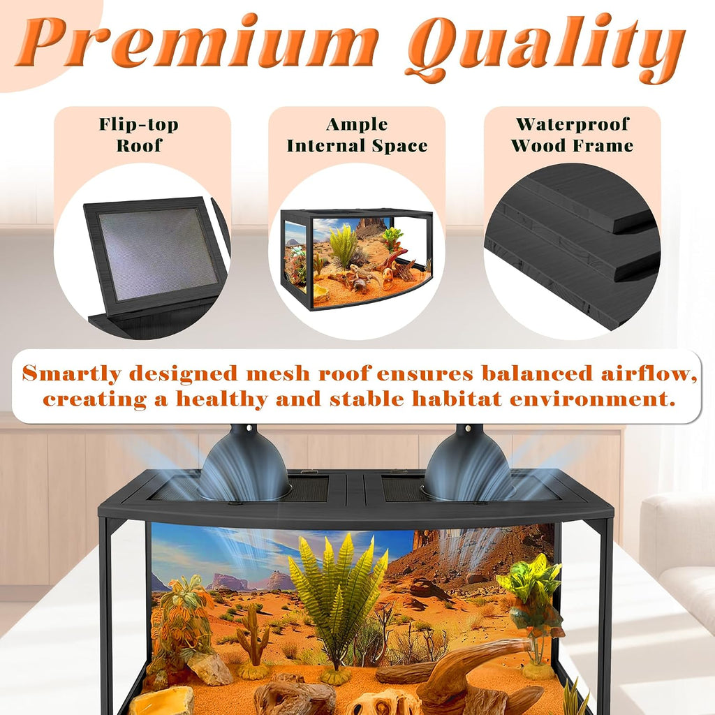 PROLEE Bearded Dragon Tank, Curved Reptile Enclosure with 3-Side Clear Acrylic Panels, Spacious Lizard Tank with Metal Mesh Top and Lockable Door for Reptile Habitat (Black, 24' Length,24 Gallons)