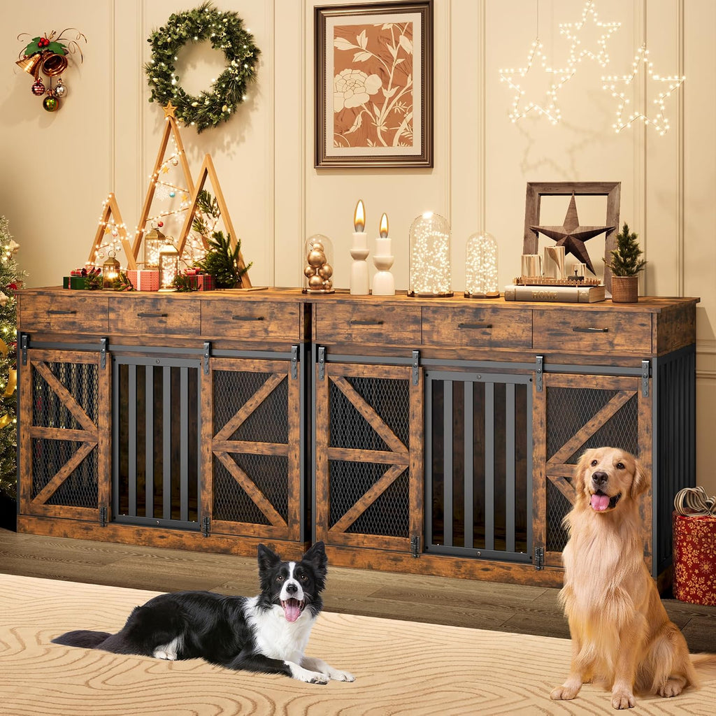 kepptory 48 Inch Large Dog Crate Furniture with 3 Storage Drawers, Wooden Pet Kennel with Removable Divider, Dog Kennel End Table TV Stand, Farmhouse Style Dog Crates with Sliding Barn Door (Brown)