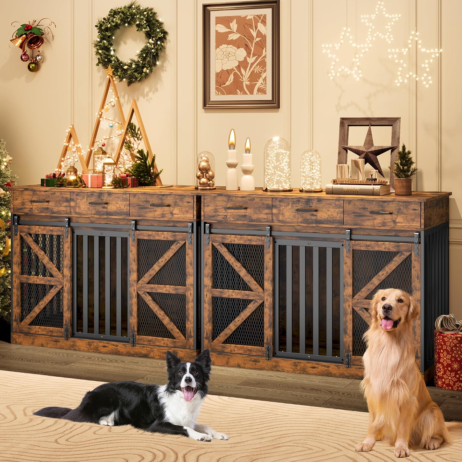 kepptory 48 Inch Large Dog Crate Furniture with 3 Storage Drawers, Wooden Pet Kennel with Removable Divider, Dog Kennel End Table TV Stand, Farmhouse Style Dog Crates with Sliding Barn Door (Brown)