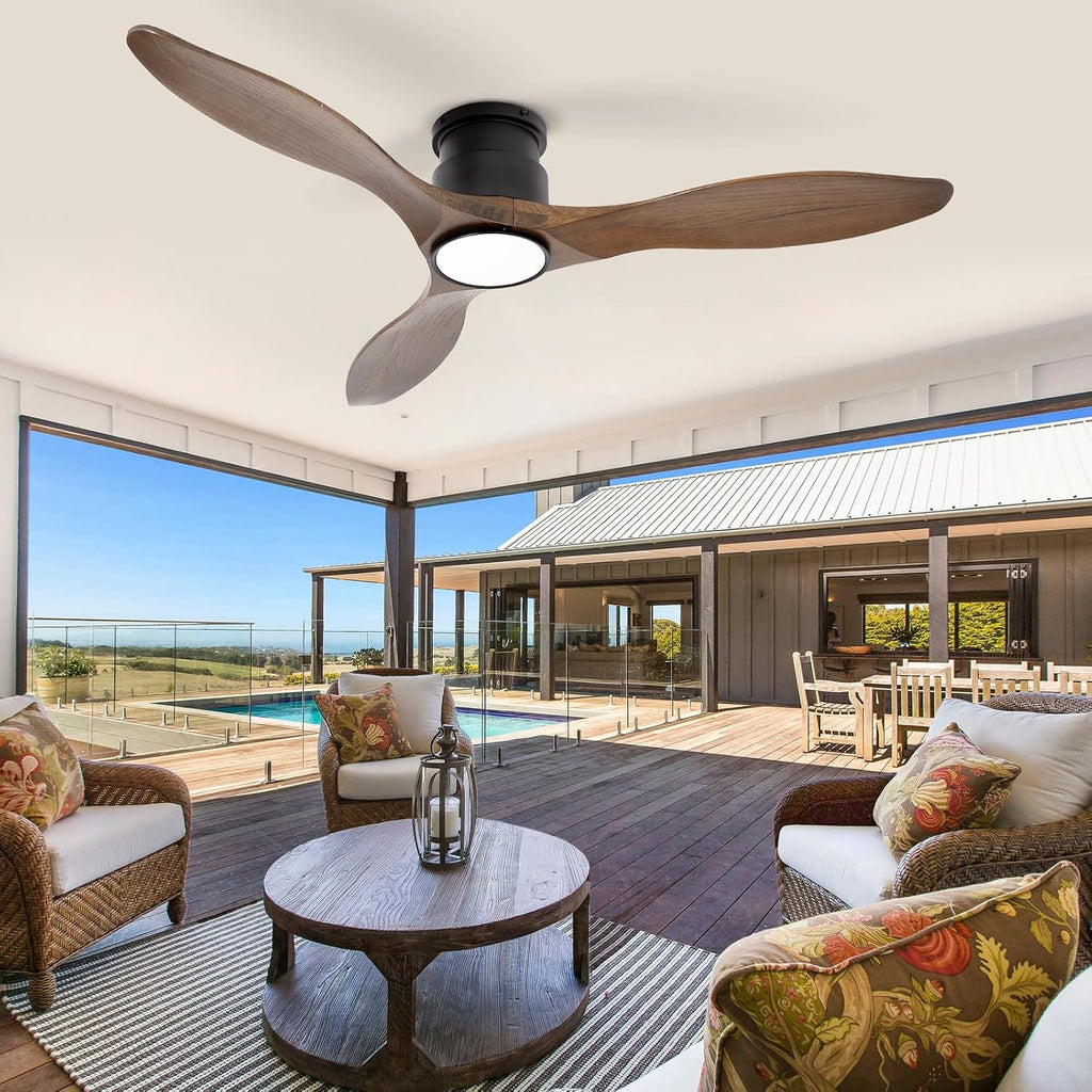 52'' Ceiling Fan with Lights and Remote, 3 Blade Amber Wood Low Profile Flush Mount Ceiling Fan Indoor, Reversible 6 Speeds Dimmable LED Light Fan for Bedroom Living Room Farmhouse