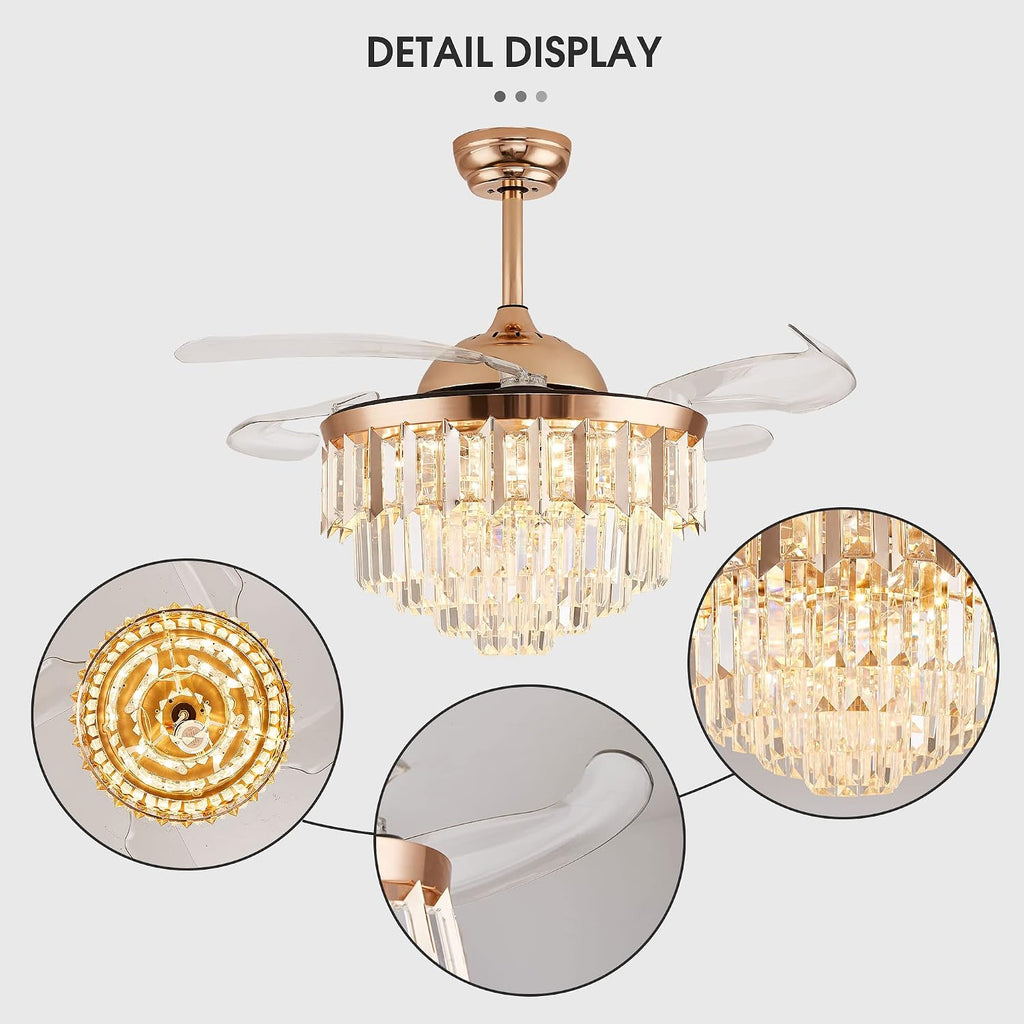 Crystal LED Ceiling Fans with Lights and Remote Controller 42 Inches Modern Fandelier Ceiling Lighting Fixture Crystal Fan Light Kit for Bedroom Dinning Room Living Room (Gold)