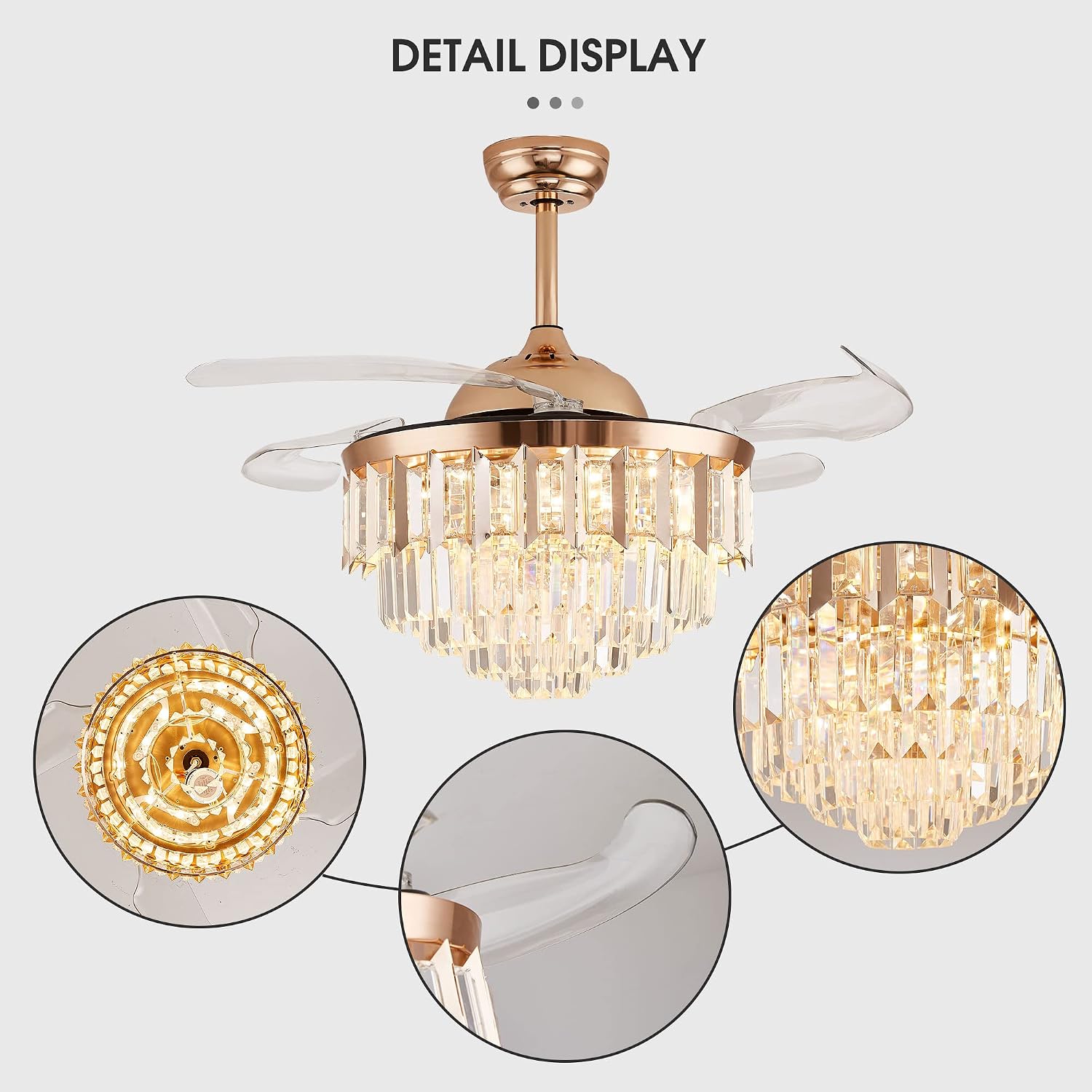 Crystal LED Ceiling Fans with Lights and Remote Controller 42 Inches Modern Fandelier Ceiling Lighting Fixture Crystal Fan Light Kit for Bedroom Dinning Room Living Room (Gold)