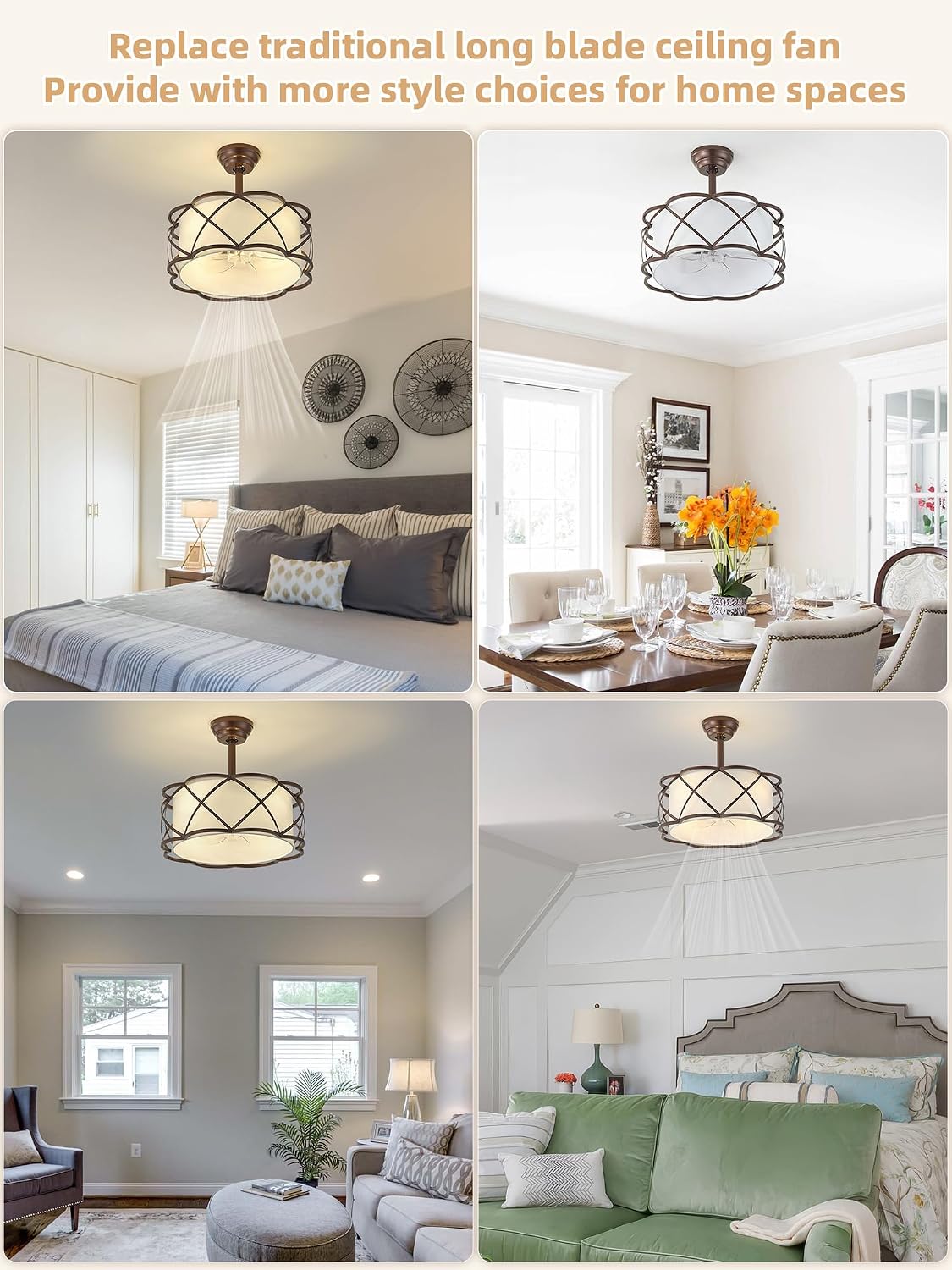 Brown Fandelier Ceiling Fans with Lights, 20' Farmhouse Rustic Chandelier Ceiling Fan Remote Control with 6 Speeds for Bedroom, Nursery, Living Room