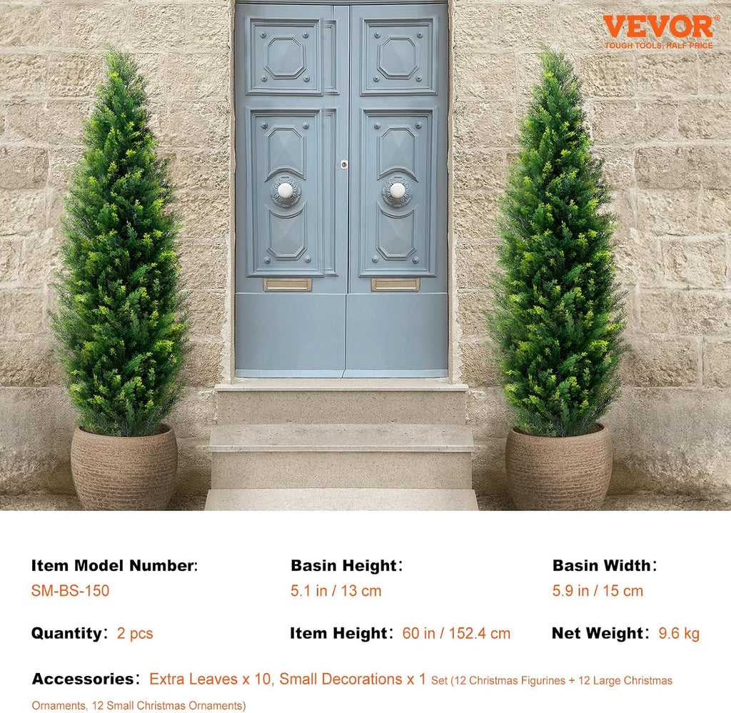 VEVOR Artificial Topiary Cedar Tree, 60 inch Tall (2 Pieces), with Extra Leaves & Pot Faux Evergreen Fake Pine Cypress Trees Plant, UV Rated Artificial Greenery Set for Home Decor Indoor/Outdoor