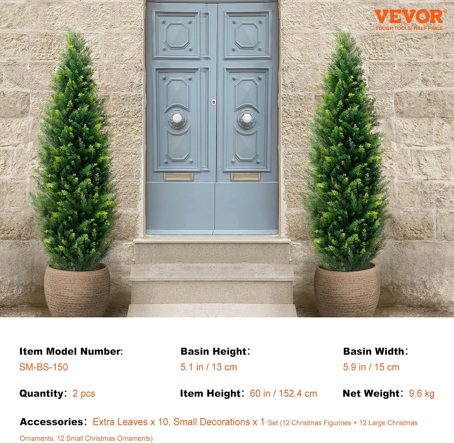 VEVOR Artificial Topiary Cedar Tree, 60 inch Tall (2 Pieces), with Extra Leaves & Pot Faux Evergreen Fake Pine Cypress Trees Plant, UV Rated Artificial Greenery Set for Home Decor Indoor/Outdoor