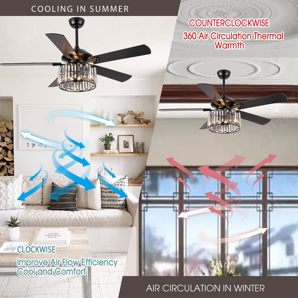 Parrot Uncle Ceiling Fans with Lights and Remote Black Ceiling Fan with Light for Bedroom Crystal Chandelier Fans, Reversible Motor, Timer, E26 Lamp Base, 52 Inch