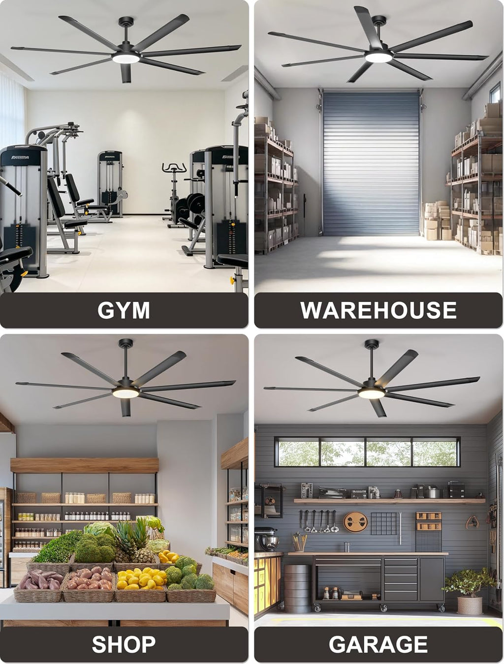 Ohniyou 84'' Large Ceiling Fan with Lights, High CFM Industrial Ceiling Fan Remote/APP Control, 7 Aluminum Blades, 3CCT, for Warehouse, Shop, Gym, Black