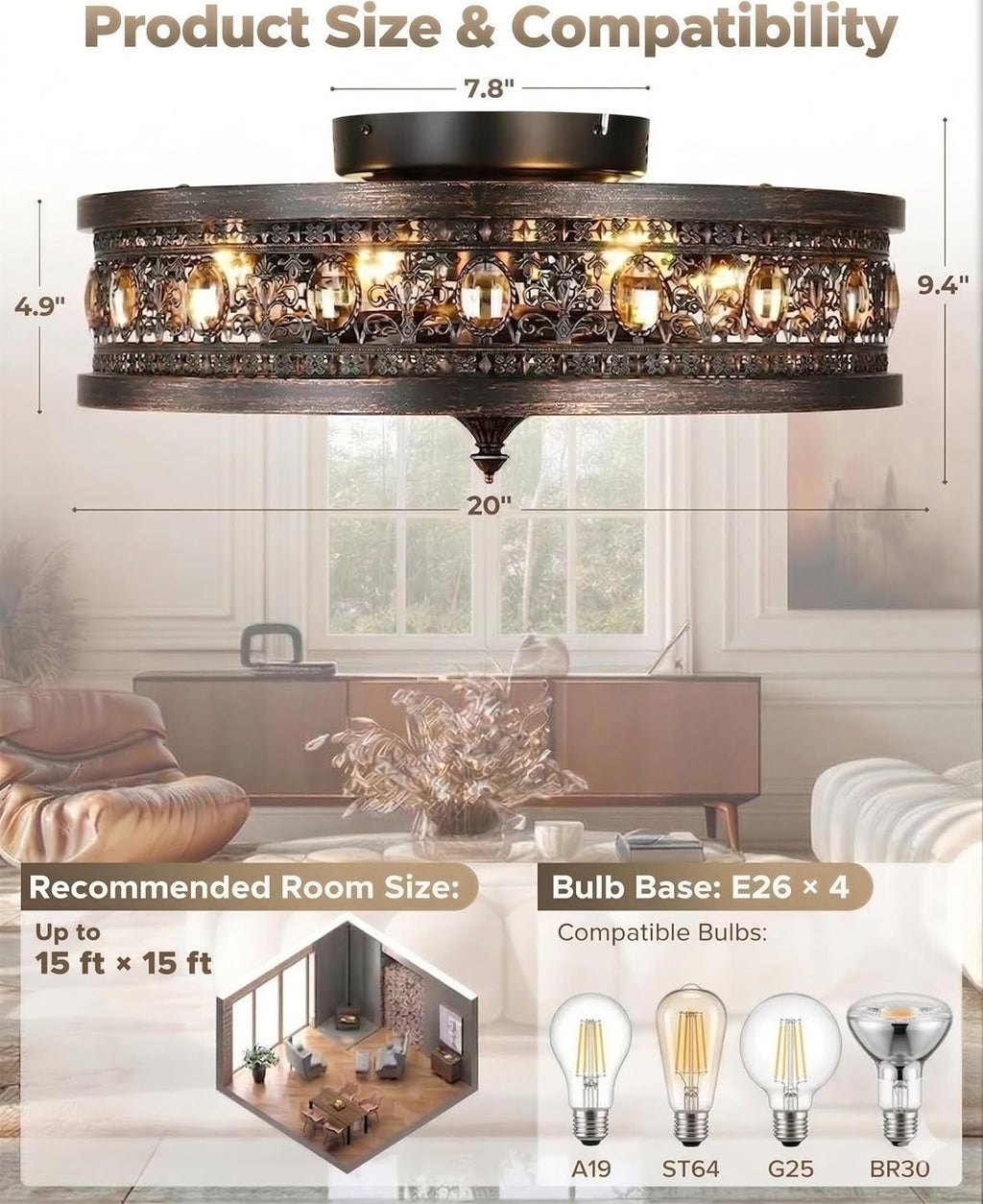 Fandelier Ceiling Fan with Light, Vintage Victorian Rustic Crystal Fandelier, Caged Enclosed Bladeless Chandelier Fan, Low Profile Flush Mount for Bedroom, Kitchen, Living Room, Dining Room