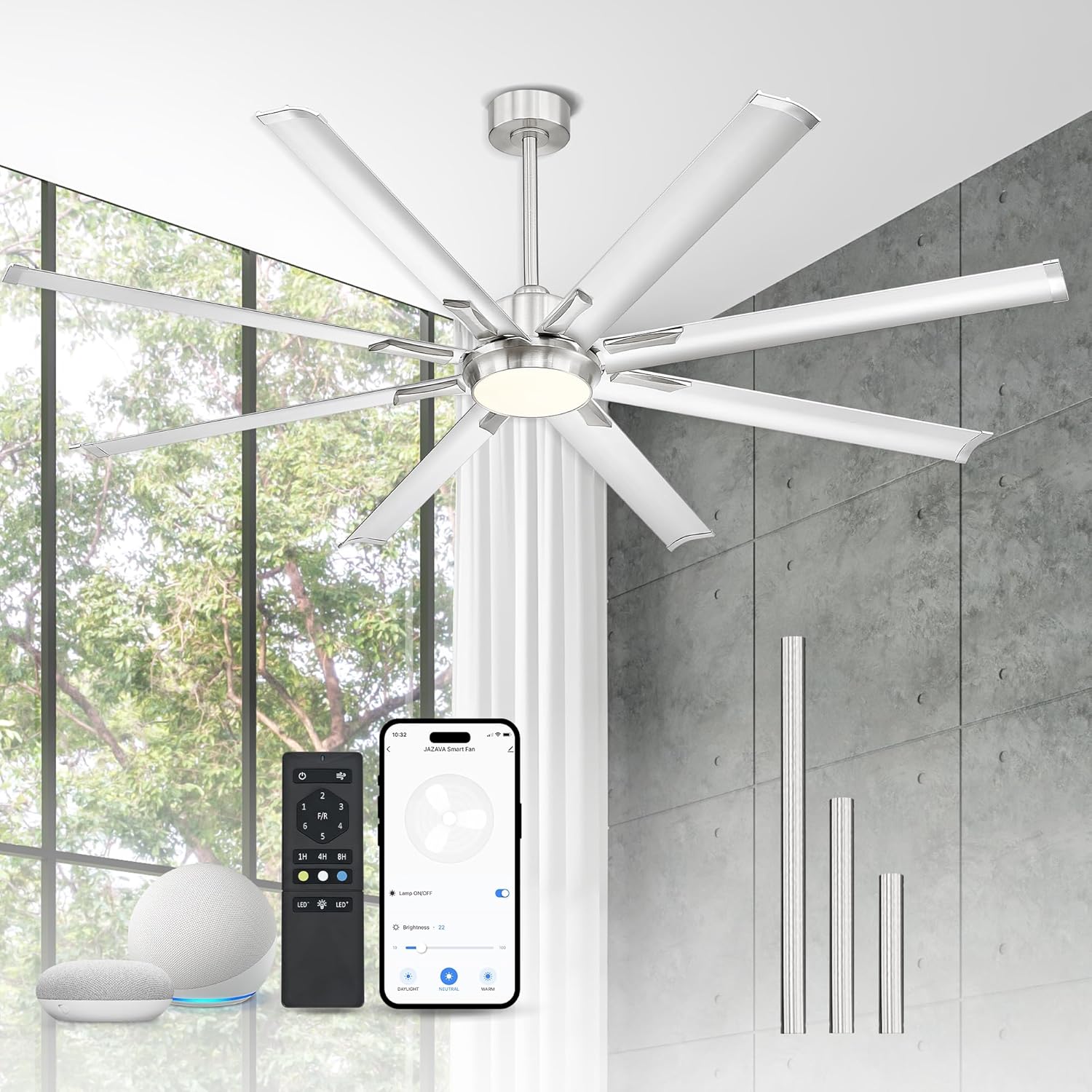 84 Inch Industrial Ceiling Fans with Lights and Remote,Extra Large Indoor Ceiling Fan with 8 Aluminium Metal Blades,Brushed Nickel Ceiling Fan,CF04BN-84