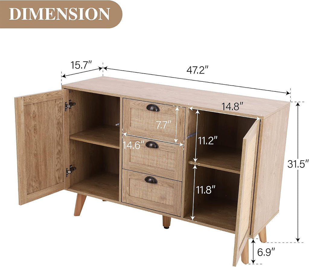 PHI VILLA Rattan Cabinet - Sideboard Buffet Accent Cabinet with Doors and Drawers, Rattan Console Table