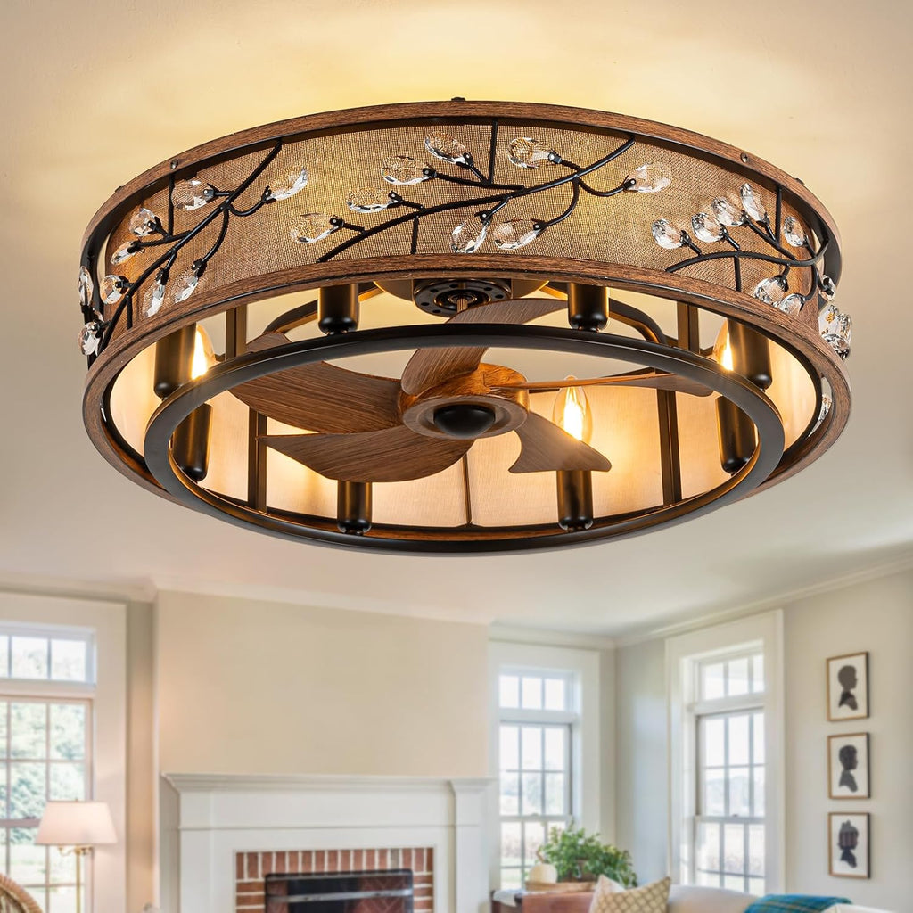 WWM Low Profile Farmhouse Ceiling Fan with Light,24' Rustic Flush Mount Ceiling Fans with Remote, Modern Caged Crystal Ceiling Fans with Lights,Ceiling Lights Fixture with Fan (8 E12 Bulb Includ)
