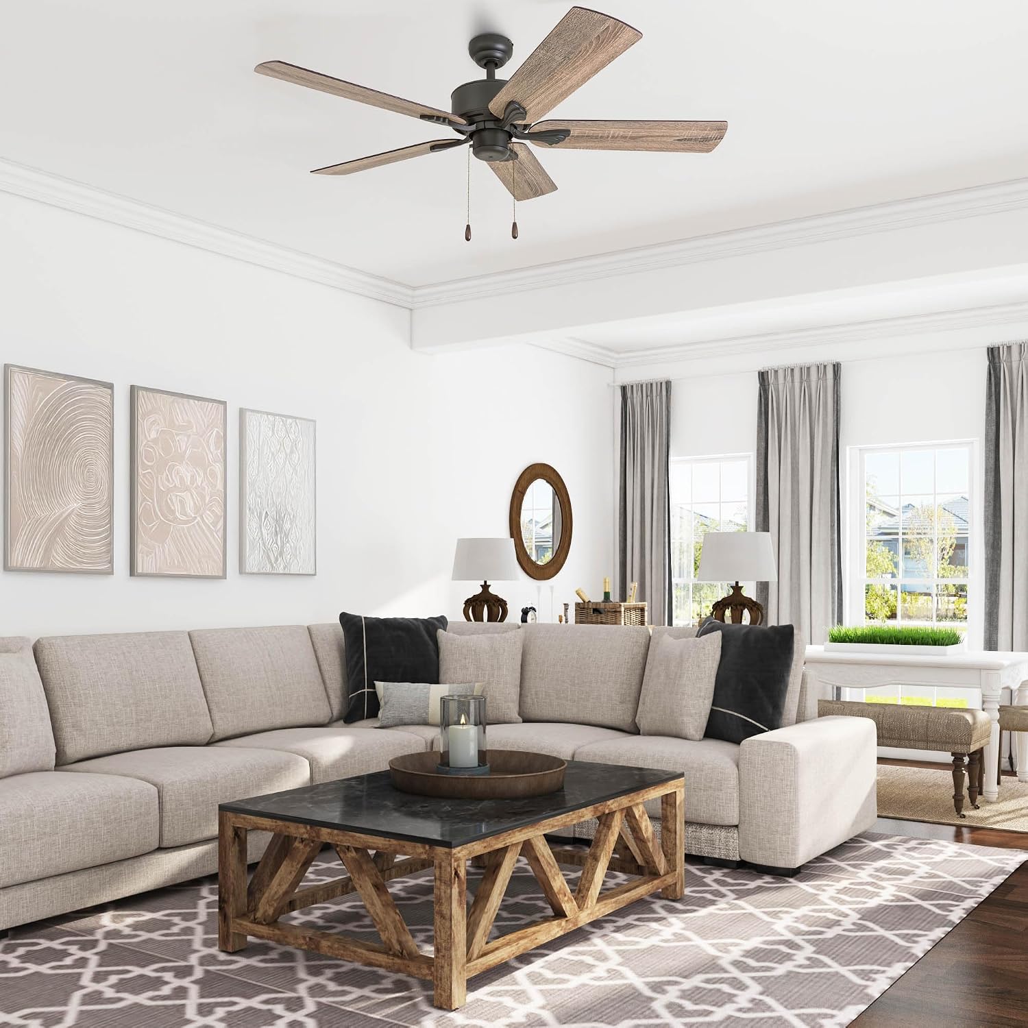 Prominence Home Glencrest, 52 Inch Farmhouse Ceiling Fan with No Light, Remote Control, Three Mounting Options, 5 Dual Finish Blades, Reversible Motor - 50682-01 (Bronze)