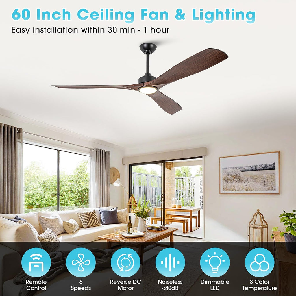 Ceiling Fans with Lights and Remote 60 Inch Outdoor Ceiling Fans for Patios Bedroom, Farmhouse Low Profile Chandelier Ceiling Fan with 6-Speed Reversible DC Motor, Dimmable, Ventilador de Techo