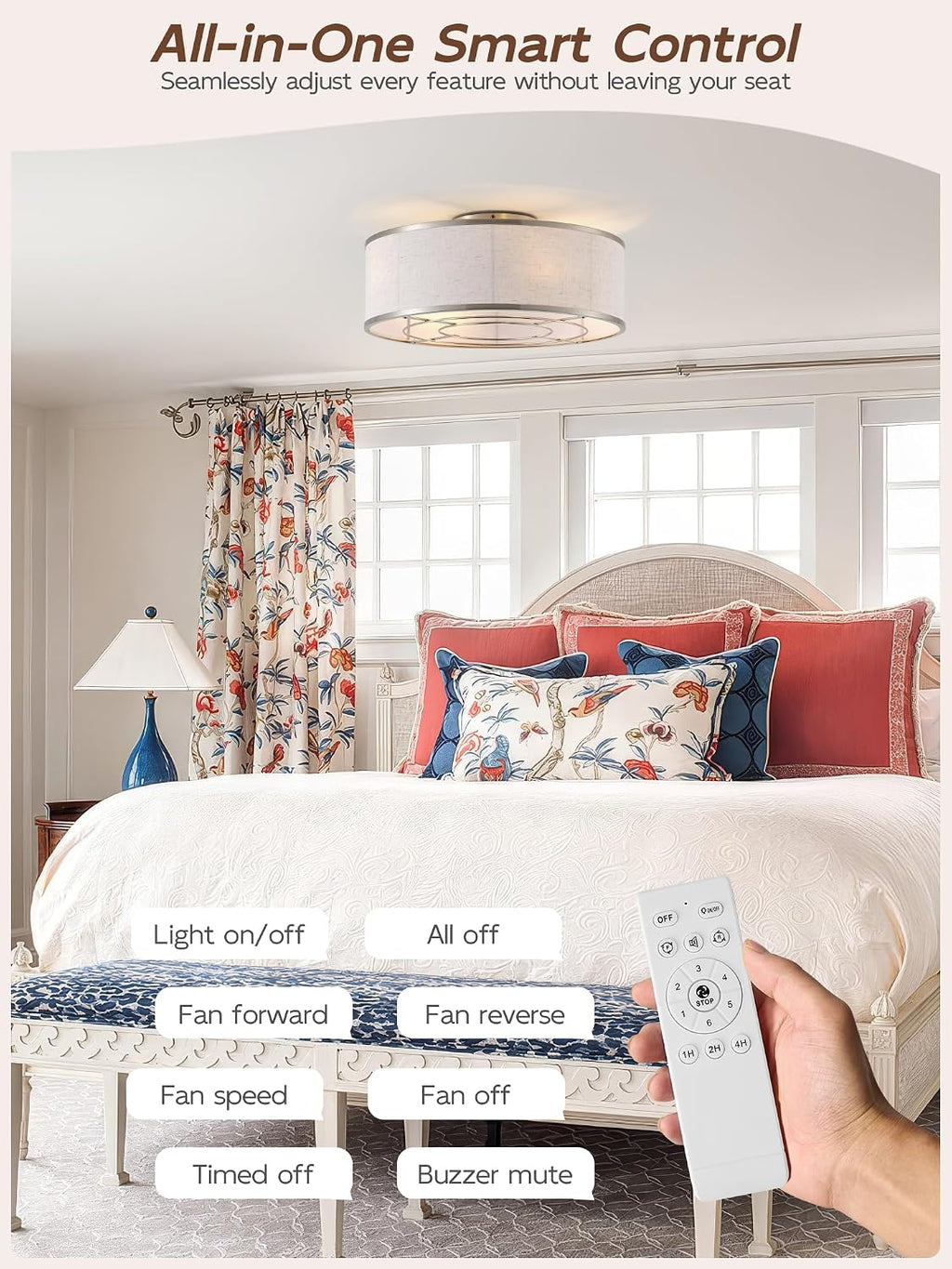 20' Silver Caged Ceiling Fans with Lights, Boho Flush Mount Ceiling Fan with Light and Remote, Bladeless with 6 Speeds for Bedroom, Nursery, Living Room
