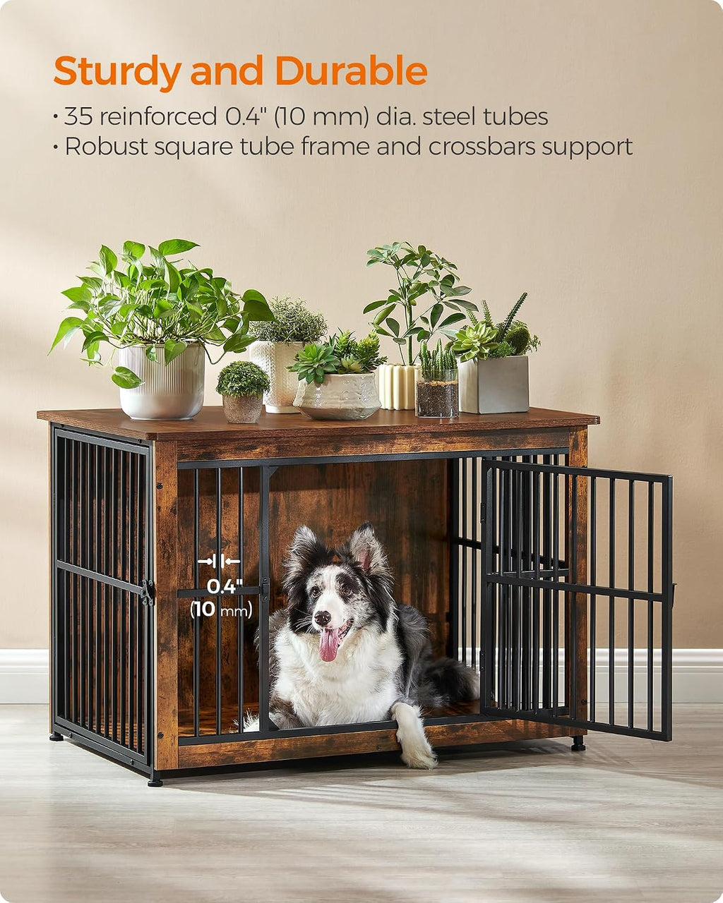 Feandrea 38.6' Dog Crate Furniture, Heavy-Duty Dog Cage Side End Table, XL Pet Wood Kennel for Large and Medium Dogs up to 70 lb with Enclosed Base, Double-Door Pet House, Rustic Brown