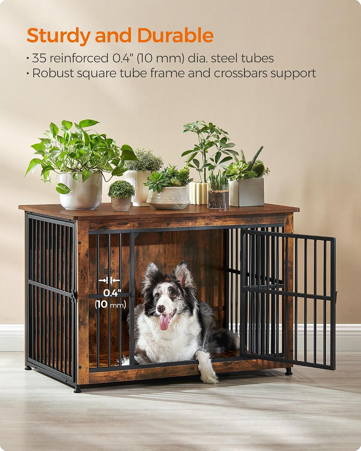 Feandrea 38.6' Dog Crate Furniture, Heavy-Duty Dog Cage Side End Table, XL Pet Wood Kennel for Large and Medium Dogs up to 70 lb with Enclosed Base, Double-Door Pet House, Rustic Brown