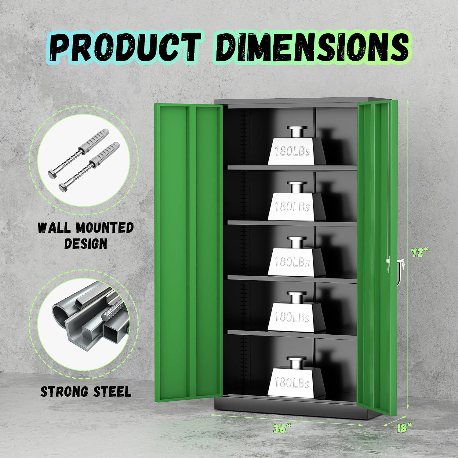 SUNCROWN 72' Metal Storage Cabinet - Heavy-Duty Metal Garage Cabinet with 4 Adjustable Shelves & 2 Doors for Tools, Office, Home, Workshop,Black & Green