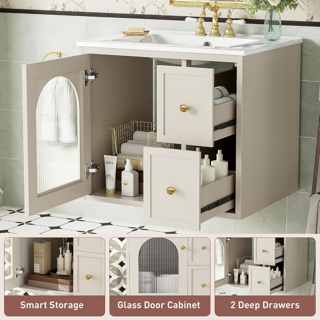 24 Inch Modern Wall Mounted Floating Bathroom Vanity Set with Ceramic Sink, 2 Drawers and 1 Soft-Close Door Bathroom Sink Cabinet for Guest Baths Master Suites (Beige)