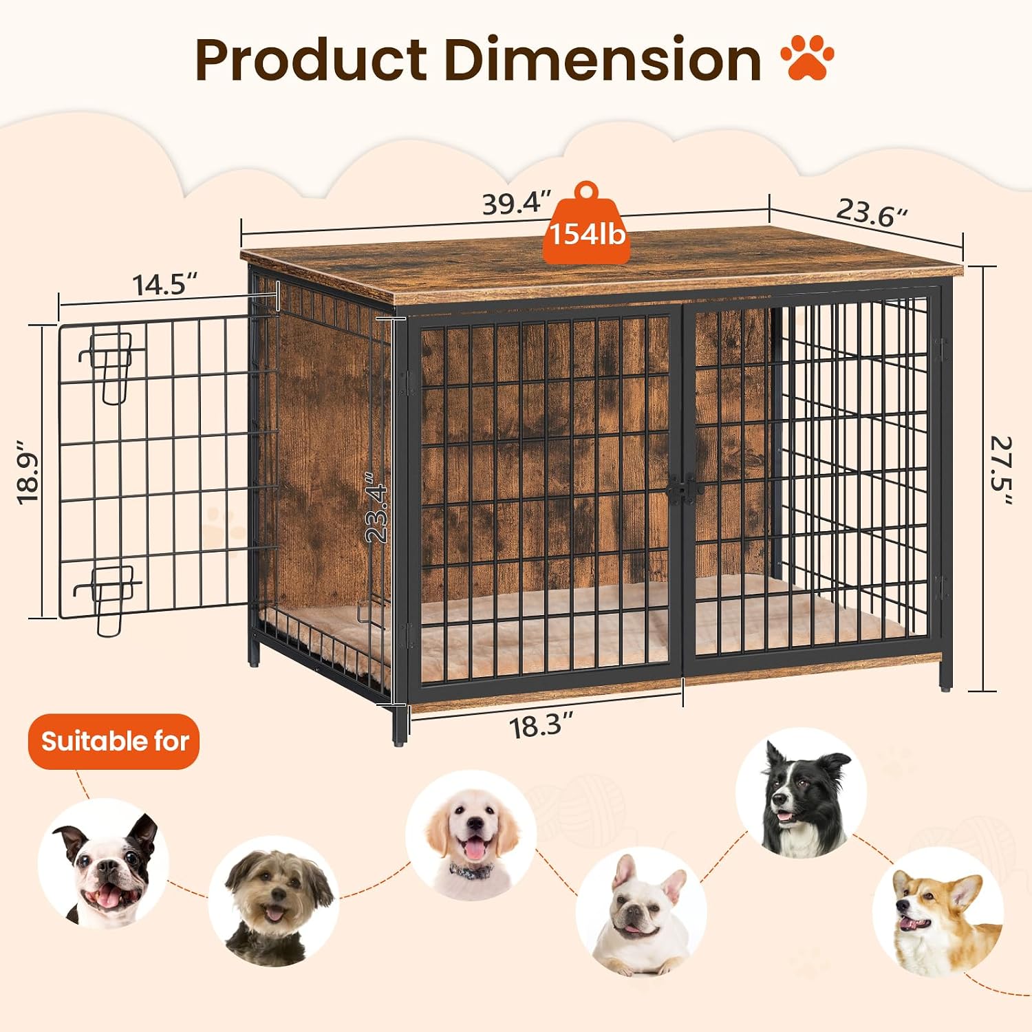 MAHANCRIS Dog Crate Furniture with Cushion, Wooden Dog Kennel with Double Doors, Heavy Duty Dog Cage for Small/Medium/Large Dogs, Indoor Dog House End Table, 39.4' L, Rustic Brown DCHR10701