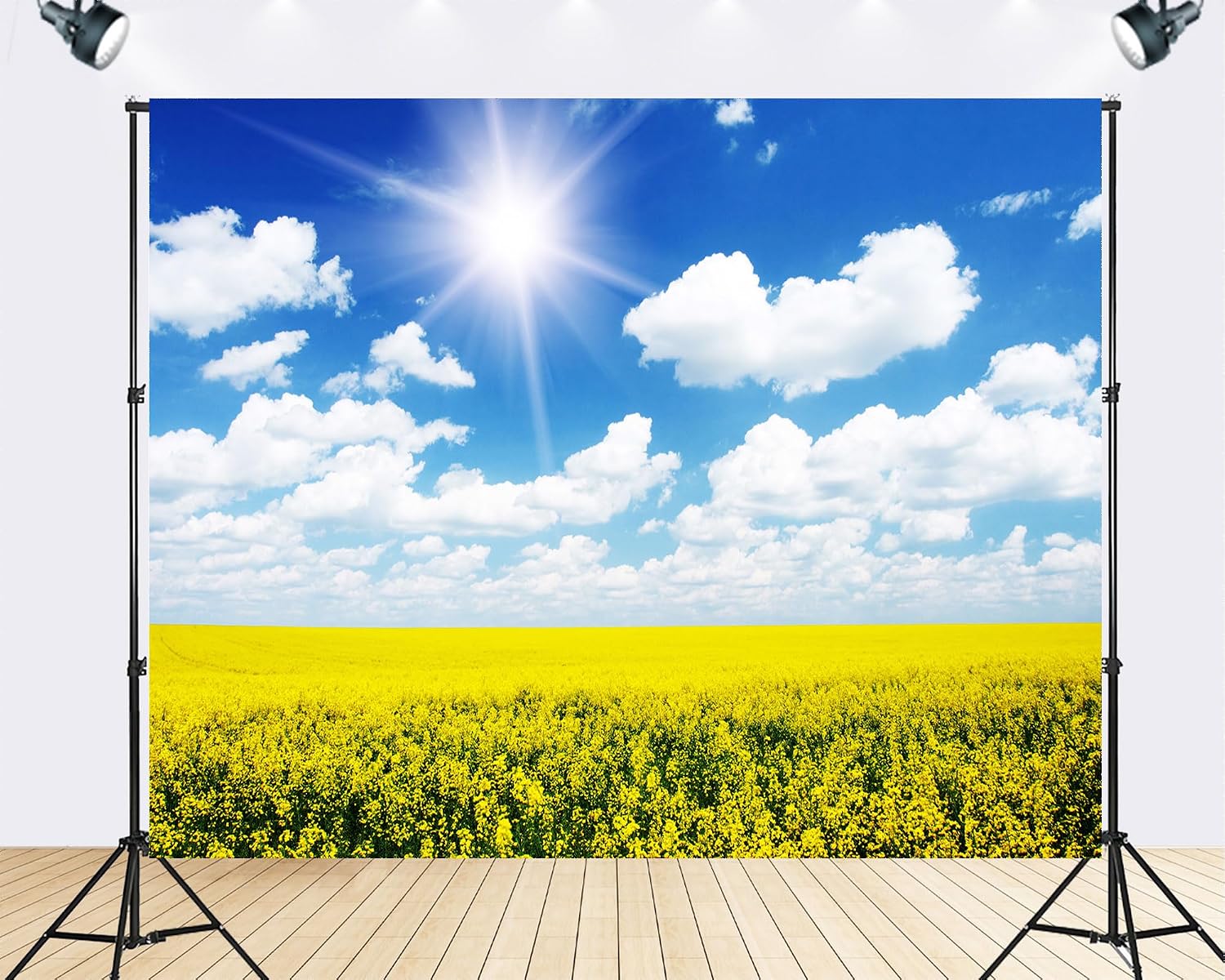 Trykid 20x10ft Bright Yellow Rapeseed Backdrop Clear Blue Sky Fluffy Clouds Sun Drenched Countryside Spring Scenery Photography Background Tapestry Party Decoration Photo Studio Prop Fabric