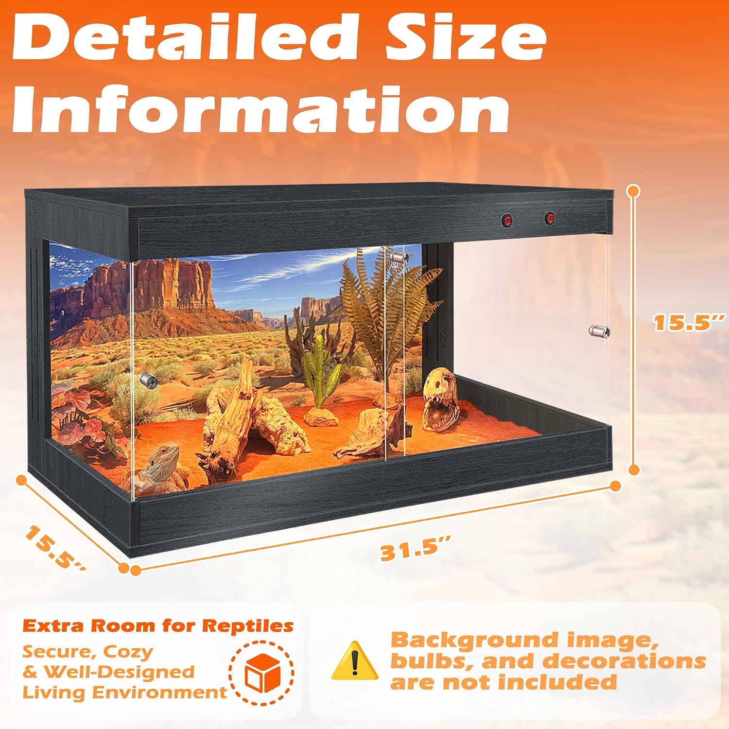 ROYXEN Reptile Tank, 34 Gallons Reptile Enclosure with Lockable Design, Tempered Glass Bearded Dragon Tank for Lizard Habitat, Soild Wood Built-in Sockets (Black, 32'x16'x15.5')