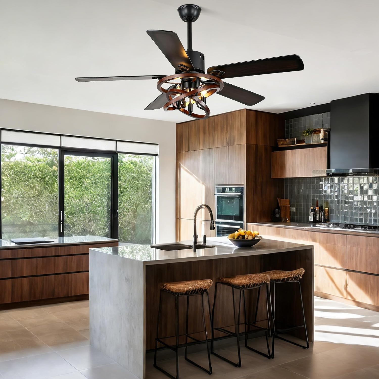 52' Ceiling Fan with Lights and Remote,Industrial Farmhouse Ceiling Fan with Adjustable Wood Grain Iron Cage,5 Reversible Dual-Color Blades,DC Quiet Motor,6 Speeds,Timer for Bedroom Living Room