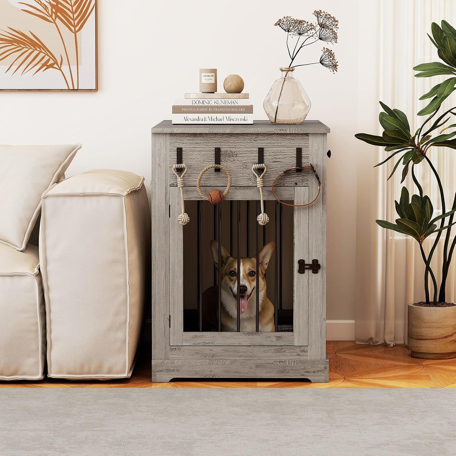 40 Inch Dog Crate Furniture, Wooden Dog Kennel Furniture, Heavy-Duty Dog Crate End Table with Storage Drawers, Double Doors Decorative Pet Cage House Indoor for Medium Large Dog, Gray