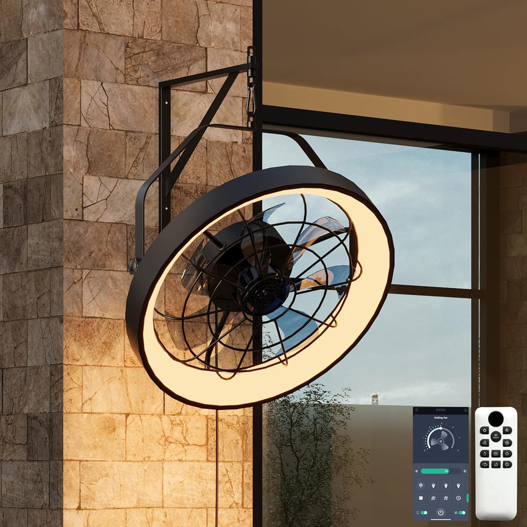 20' Wall Mount Fan with Light | Plug in - 3CCT Dimmable LED, 6-Speed, Smart Remote & APP Control, Ceiling & Wall Mount，Indoor & Outdoor for Patio, Garage, Living Room, Workshop（Metal Frame）