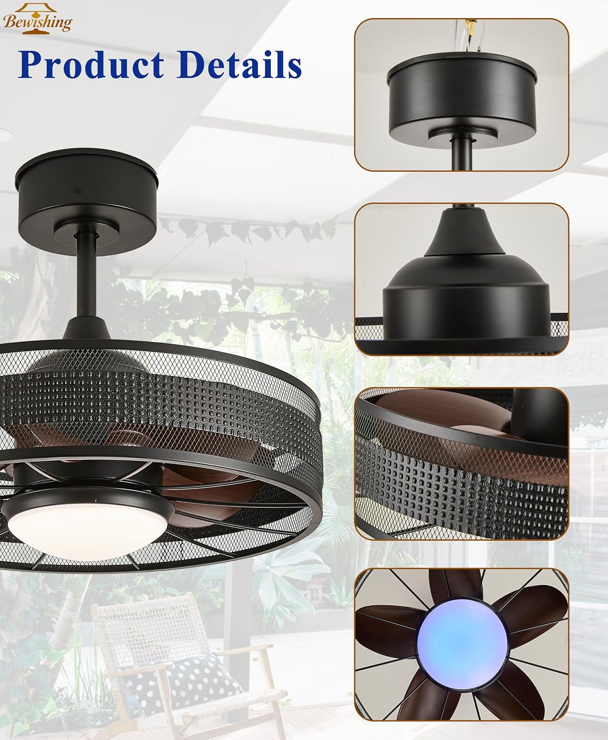 20' Outdoor Indoor Ceiling Fan with Light, IP44 Waterproof Fandelier, RGB & 3 CCT, Smart APP Remote, 6-Speed DC Motor, Cage Design for Gazebo Patio Bedroom, Black