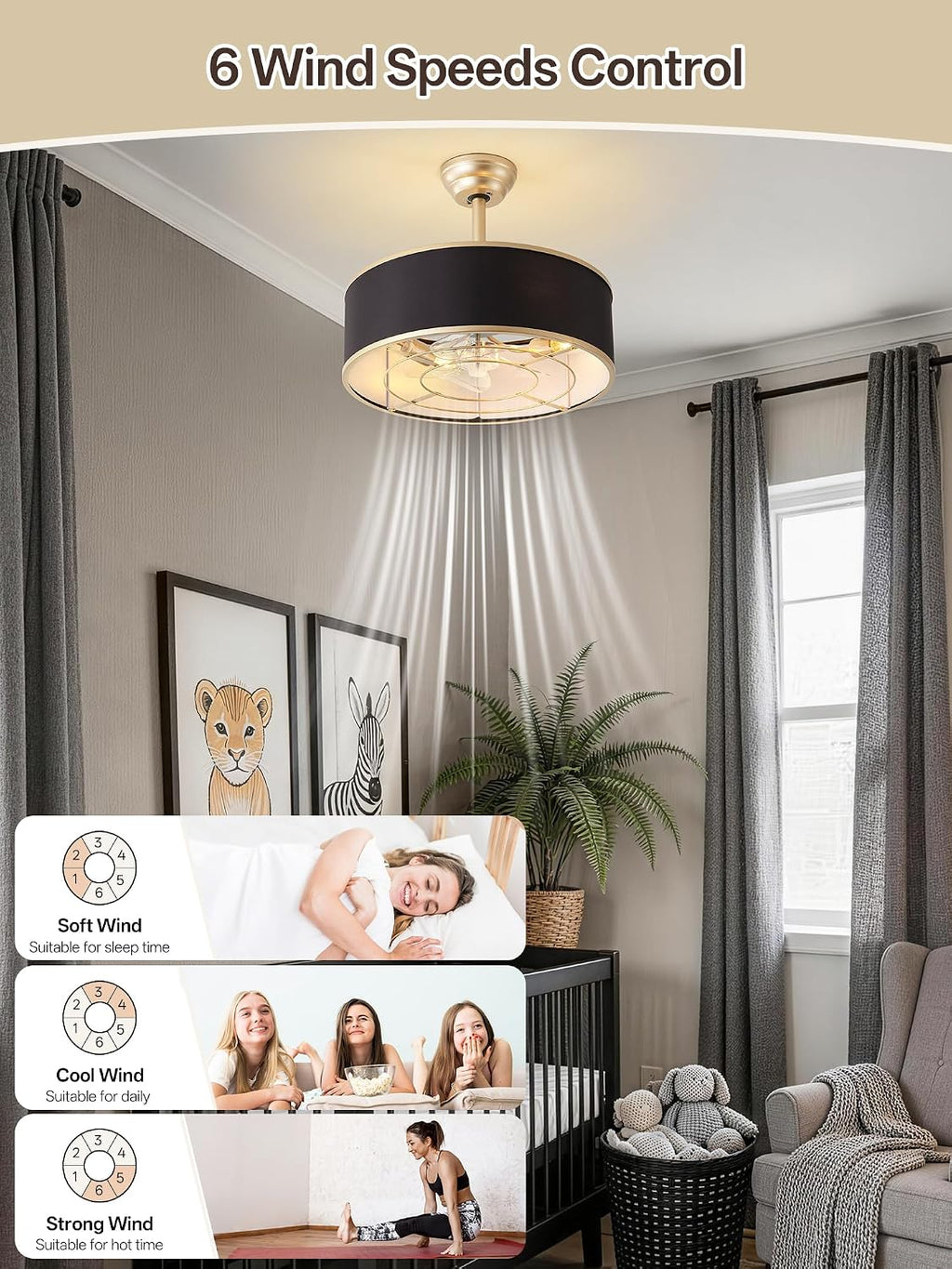 20' Black and Gold Caged Boho Fandelier Ceiling Fan with Light & Remote Control - Bladeless Chandelier Fan, 6 Speed Quiet Reversible Motor for Bedroom, Nursery, Living Room