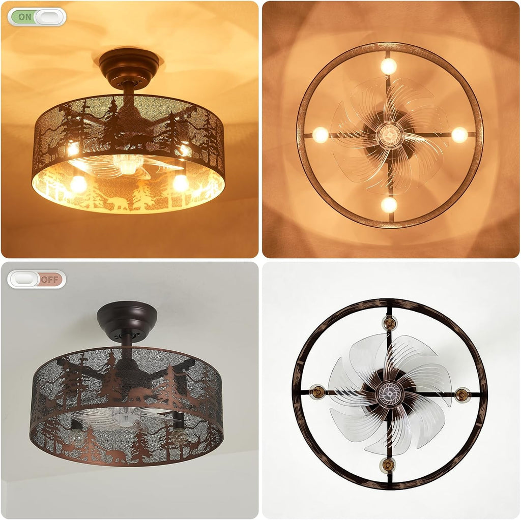 Rustic Farmhouse Ceiling Fan with Light and Remote, Brushed Bronze Round Vintage Industrial Metal Fandelier, Bear and Deer Design Rustic Ceiling Fan for Living Room, Bedroom, Cabin