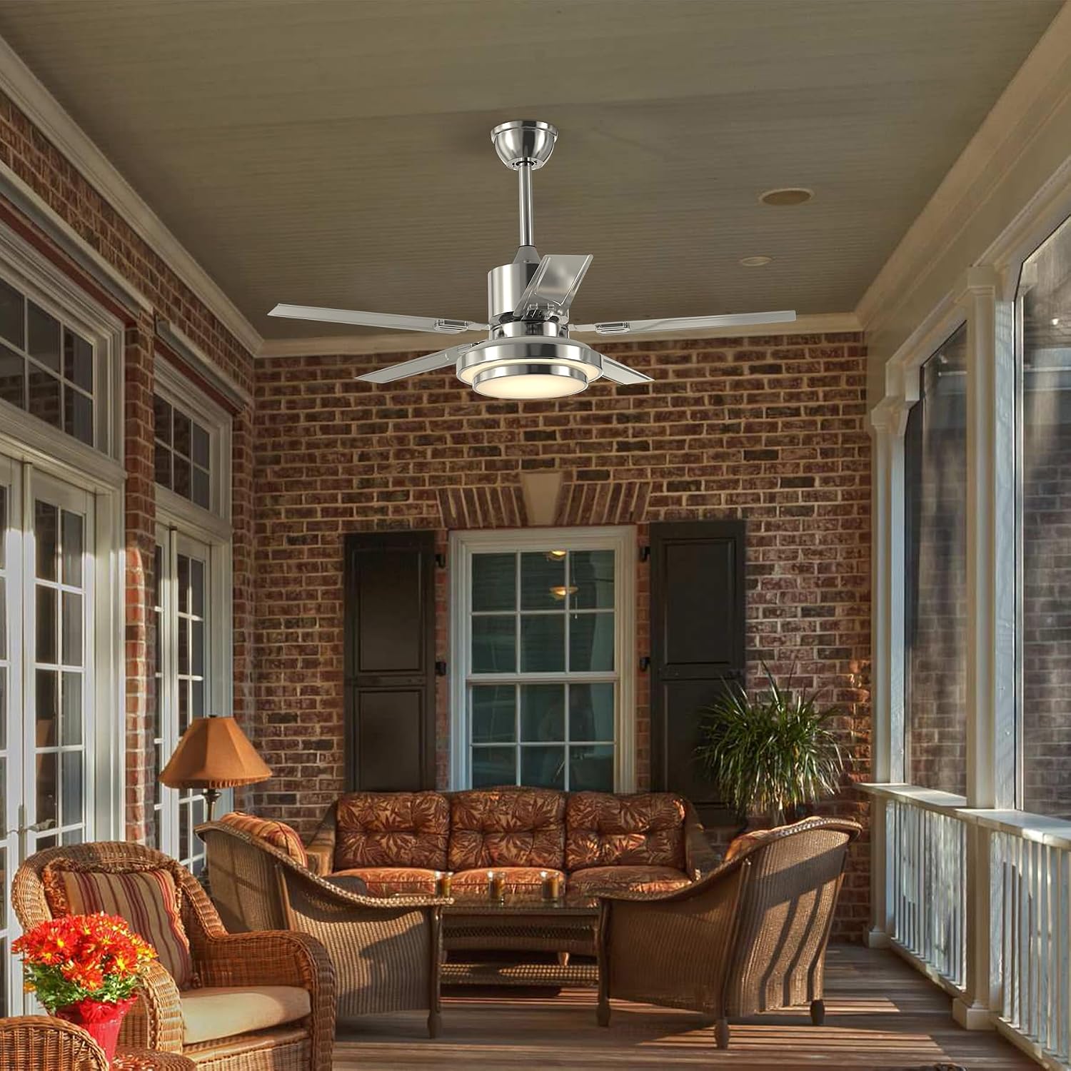 Outdoor Ceiling Fan Light, Remote Control Patio Ceiling Fan with 5 Reversible Stainless Steel Blades, 52 inch with LED Light for Pavilion, Warehouse Ceiling Fans, farm Fan Barn Fan (52 inch)