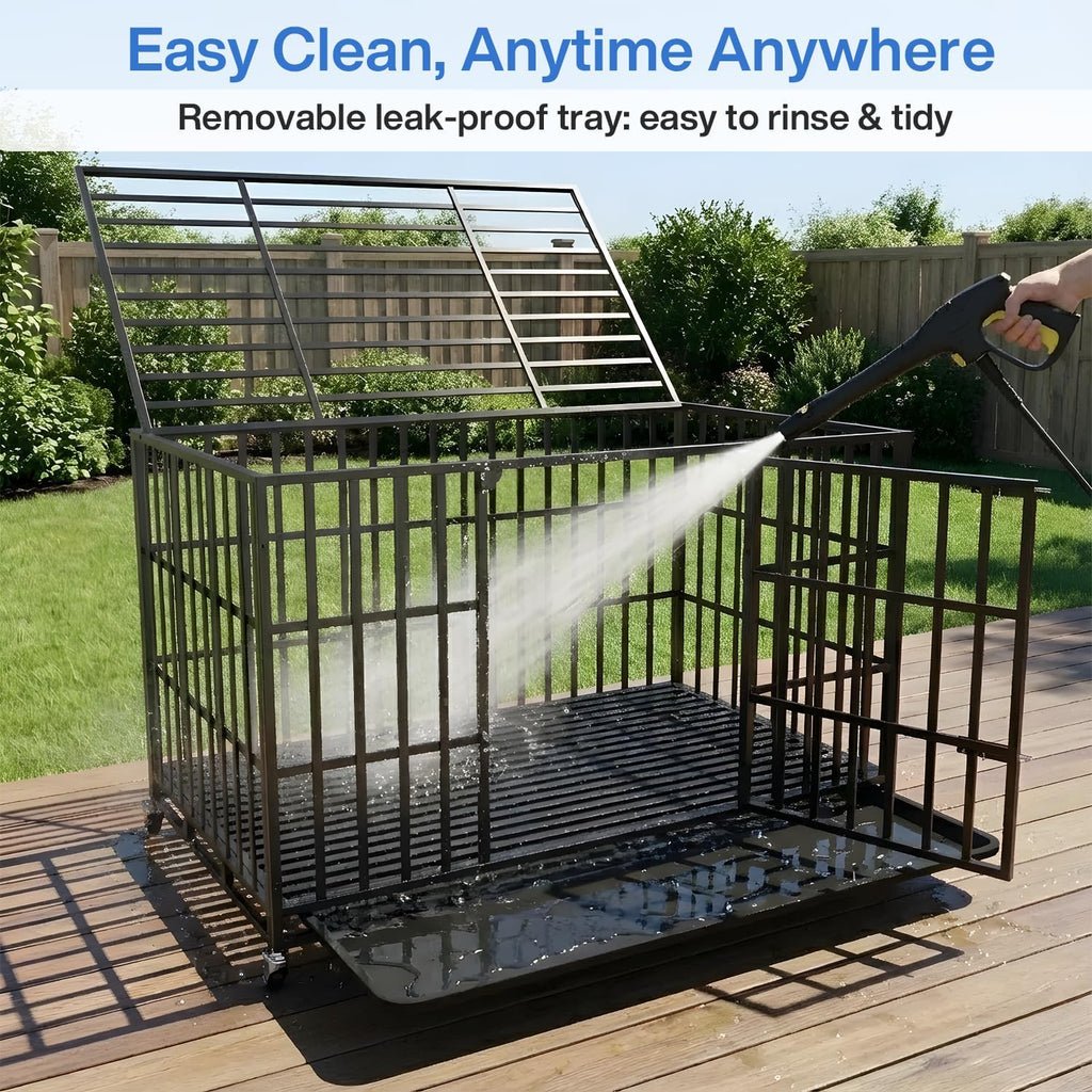 LEMBERI 48 Inch Heavy Duty Dog Crate, Indestructible Dog Kennel Indoor, Escape Proof Pet Cage for Large Dogs, High Anxiety Dog Crate with Double Door, Lockable Wheels & Removable Tray