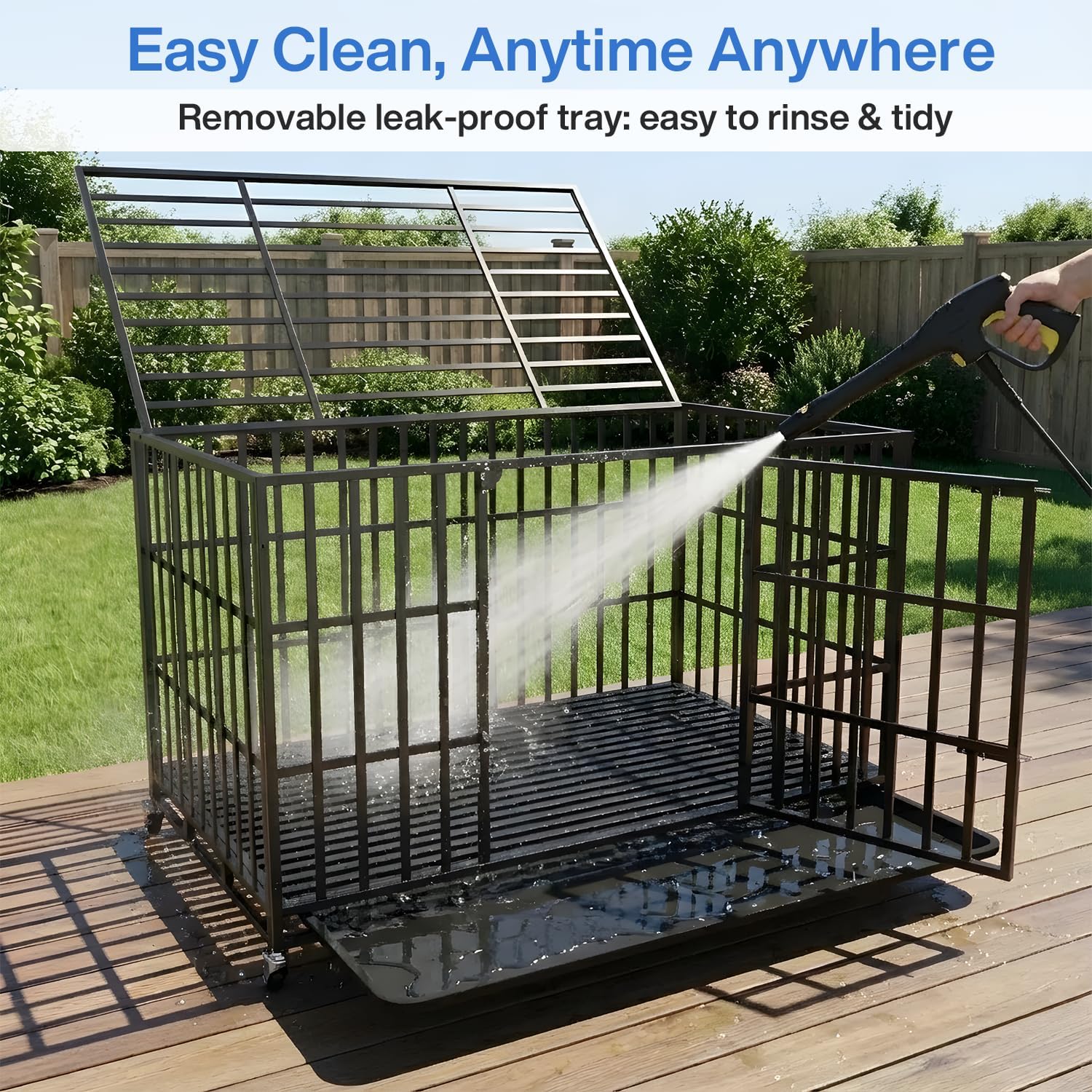 LEMBERI 48 Inch Heavy Duty Dog Crate, Indestructible Dog Kennel Indoor, Escape Proof Pet Cage for Large Dogs, High Anxiety Dog Crate with Double Door, Lockable Wheels & Removable Tray