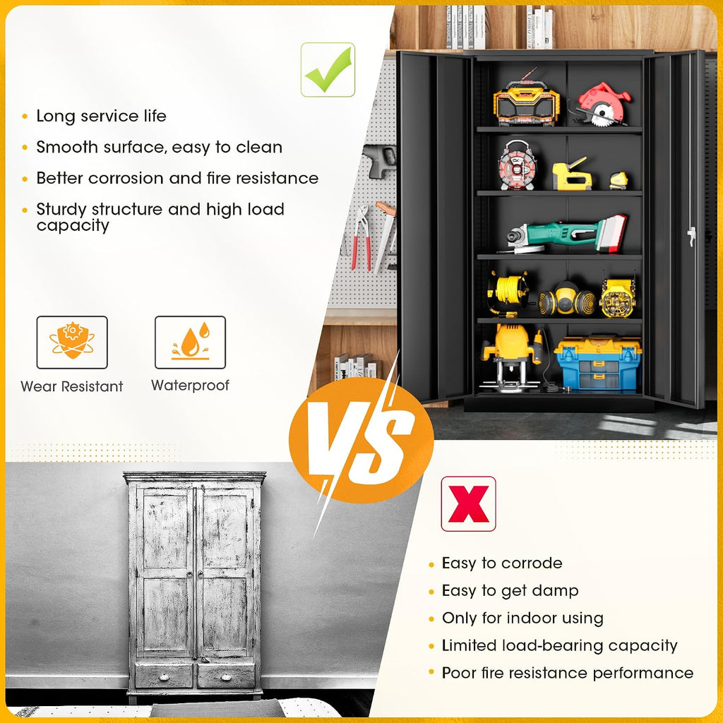 Greenvelly 72' H Metal Storage Cabinet with 2 Doors and 4 Adjustable Shelves, Black Metal Cabinet with Lock,Garage Cabinets Steel Tool Cabinet for Office,Home, Garage, Gym, School
