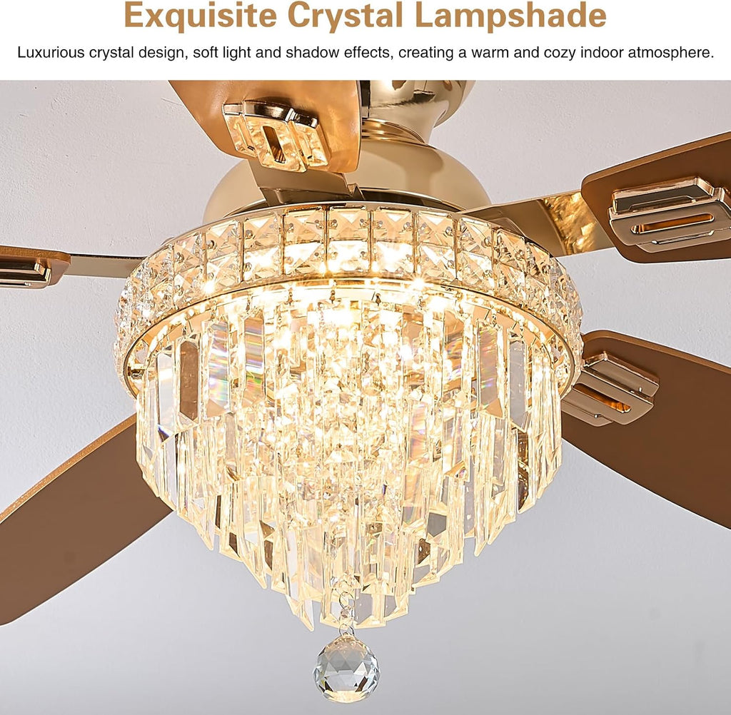 Crystal Ceiling Fan Fandelier with Lights-Ceiling Fans with Lights,54' Low Profile and Remote Control, Flush Mount, Reversible, Dimmable, Noiseless,Gold Ceiling Fan for Bedroom