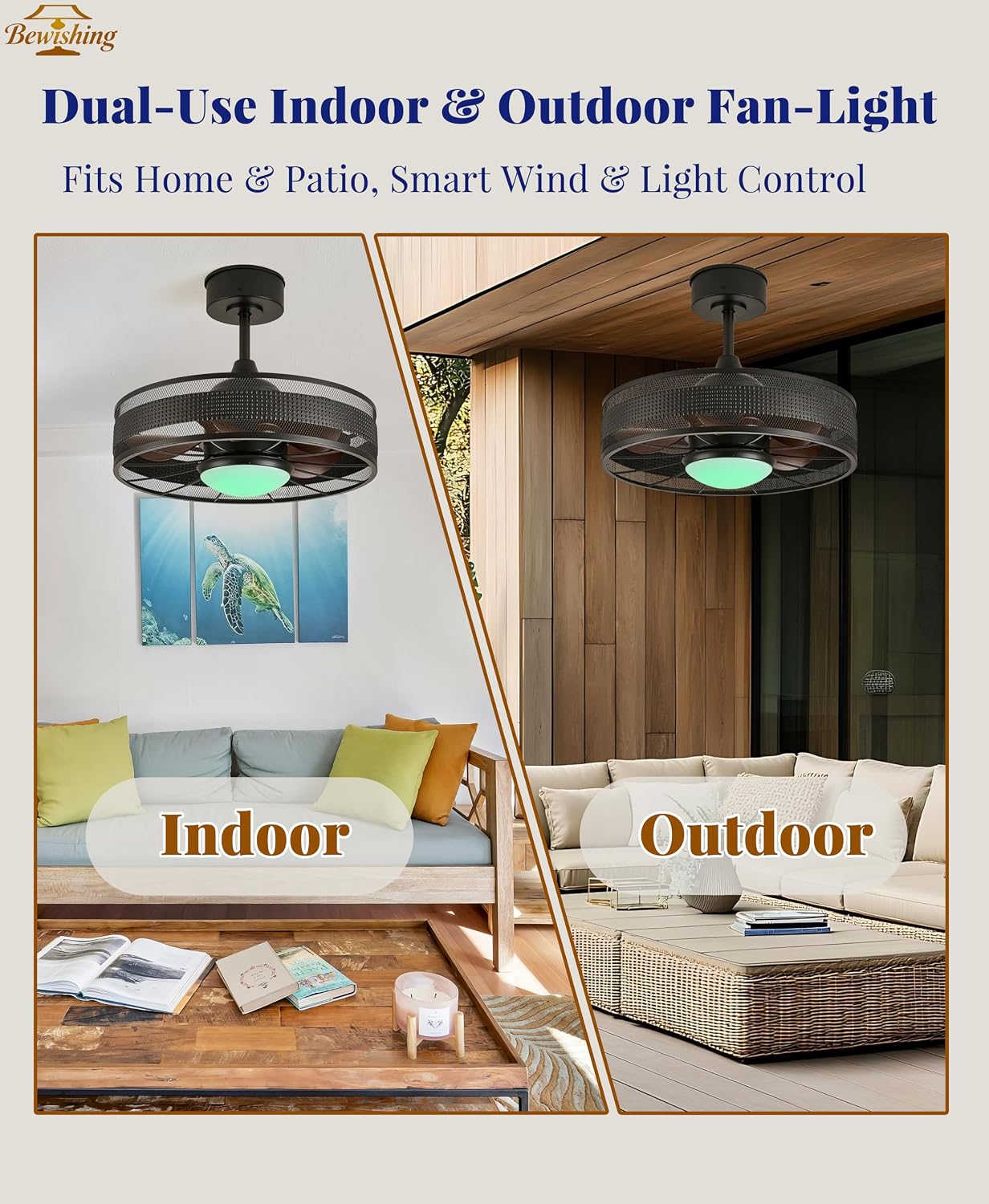 20' Outdoor Indoor Ceiling Fan with Light, IP44 Waterproof Fandelier, RGB & 3 CCT, Smart APP Remote, 6-Speed DC Motor, Cage Design for Gazebo Patio Bedroom, Black
