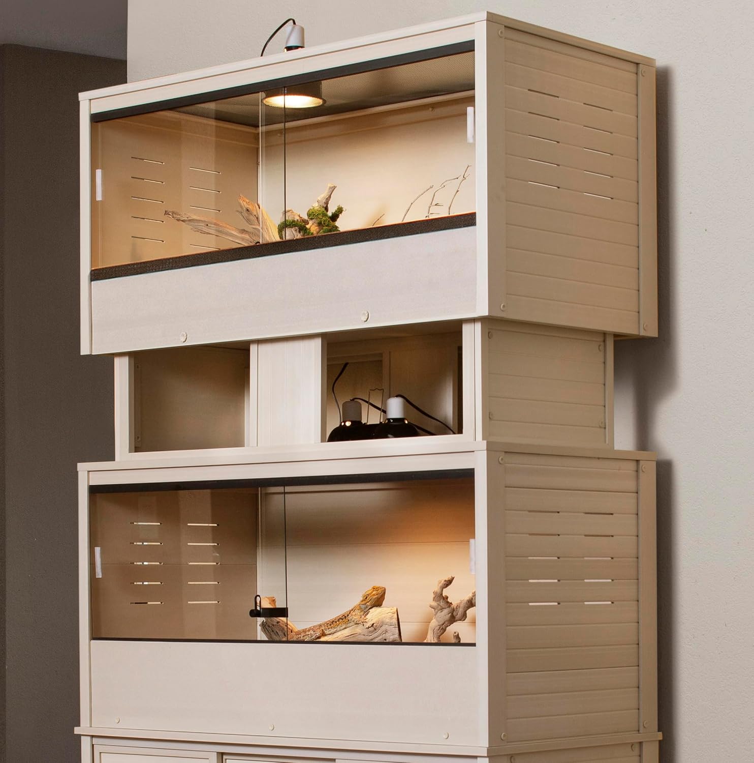 New Age Pet ECOFLEX Two Large Reptile Enclosures with Matching Stacker and Low Cabinet Stand Set in Maple