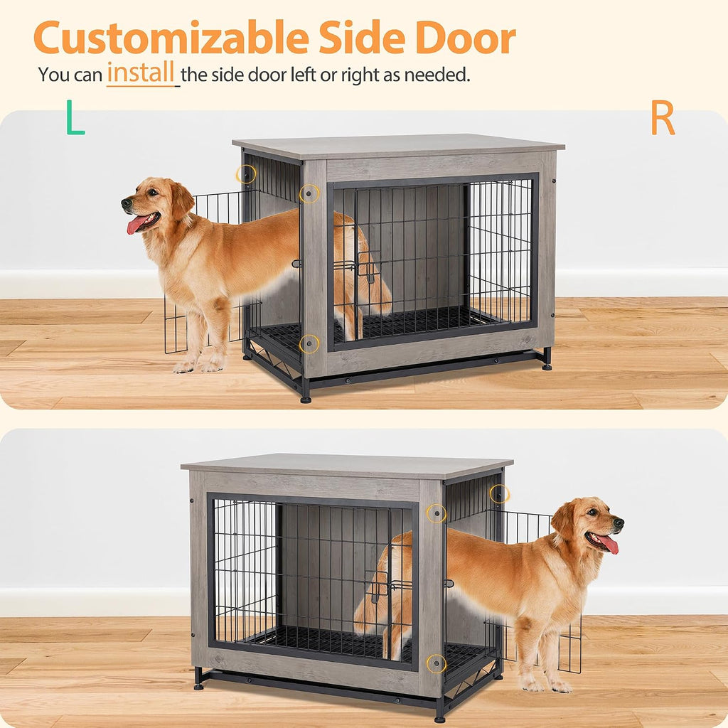 Shintenchi Wooden Dog Crate Furniture for Large Breed, L Double-Door Kennel Indoor with Removable Tray, End Table L Dog Crate for Decoration, 44.1' L, Gray