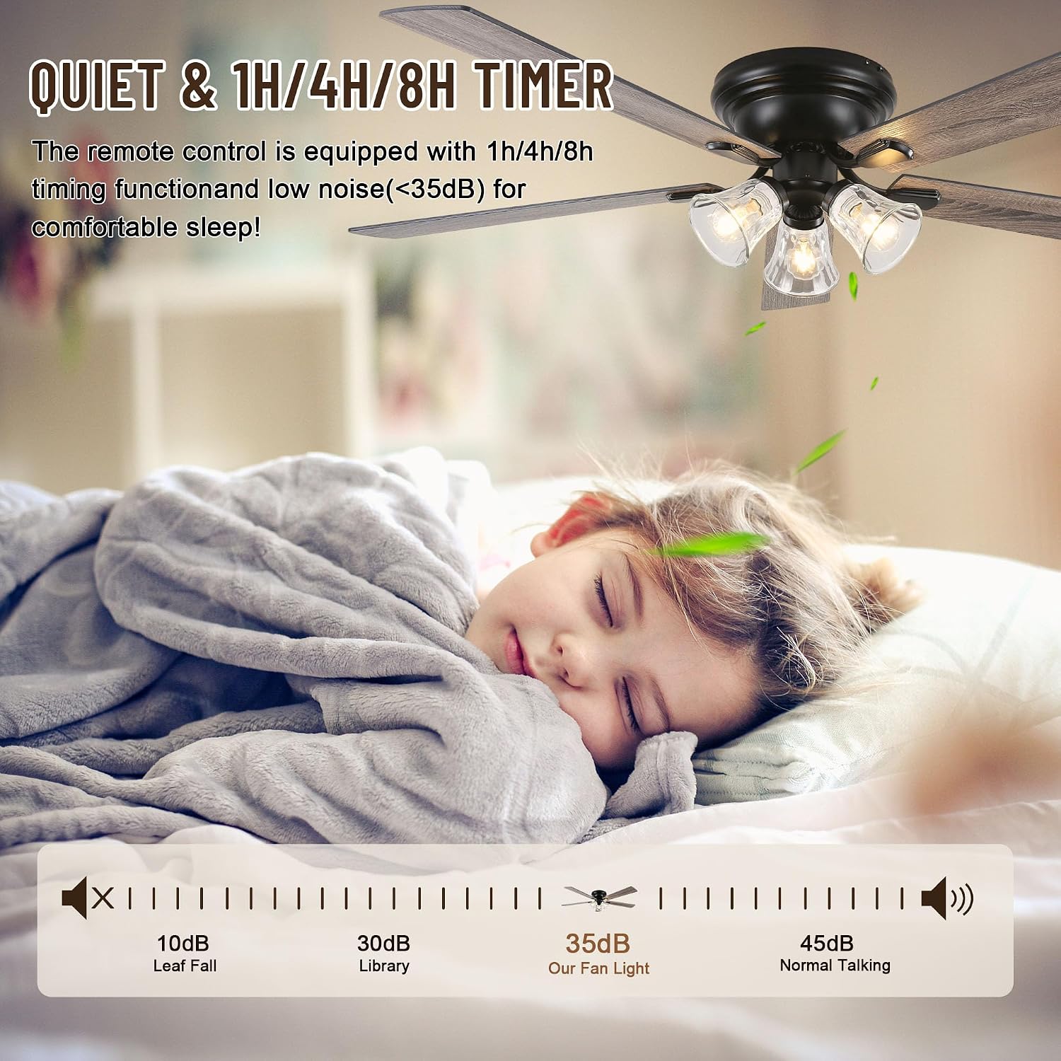 60'' Flush Mount Ceiling Fan with Light and Remote, 5 Reversible Wood Blades,3 Clear Seeded Glass Light Fixtures,6-Speed Quiet DC Motor,Farmhouse Ceiling Fan for Bedroom Living Room Patio