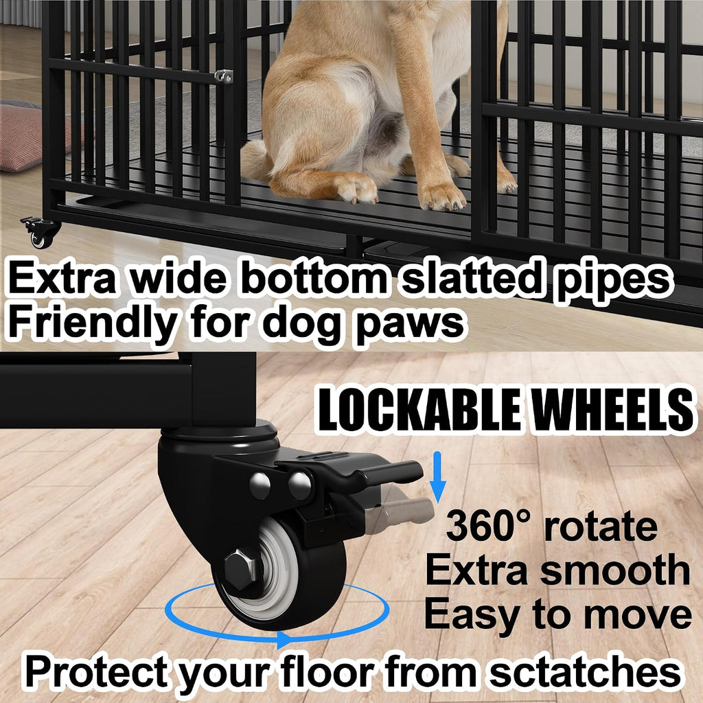 Heavy Duty Dog Crate 54 Inch Dog Pet Cage Kennel with Mat Escape Proof with Roof Top Open 4 Wheels 2 Doors Removable Trays for High Anxiety Extra Large XL XXL Dogs Breeds Great Dane Mastiff Bernard
