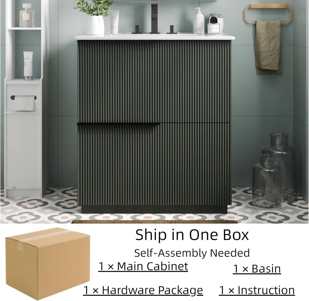 30' Bathroom Vanity Cabinet, Ceramic Sink Top, Fluted Front, 2 Full-Extension Drawers, Perfect for Master Suite, Cozy Guest Bath, or Compact Powder Room
