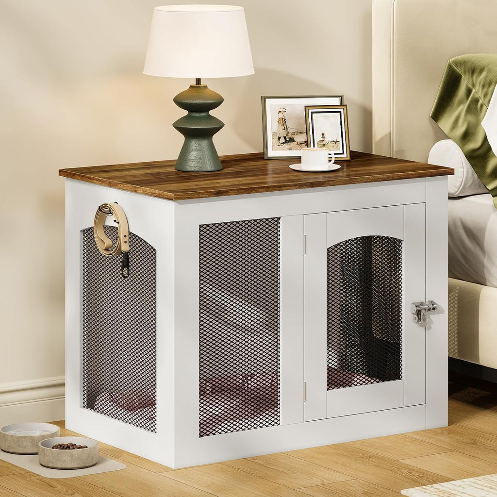 CHOEZON Wooden 30.1' Dog Crate Furniture, Farmhouse Pet Cage End Table with Secure Lock, Ventilated Mesh for Medium Dogs, Dog Kennel Furniture for Living Room, Bedroom, White and Walnut MGW02WL