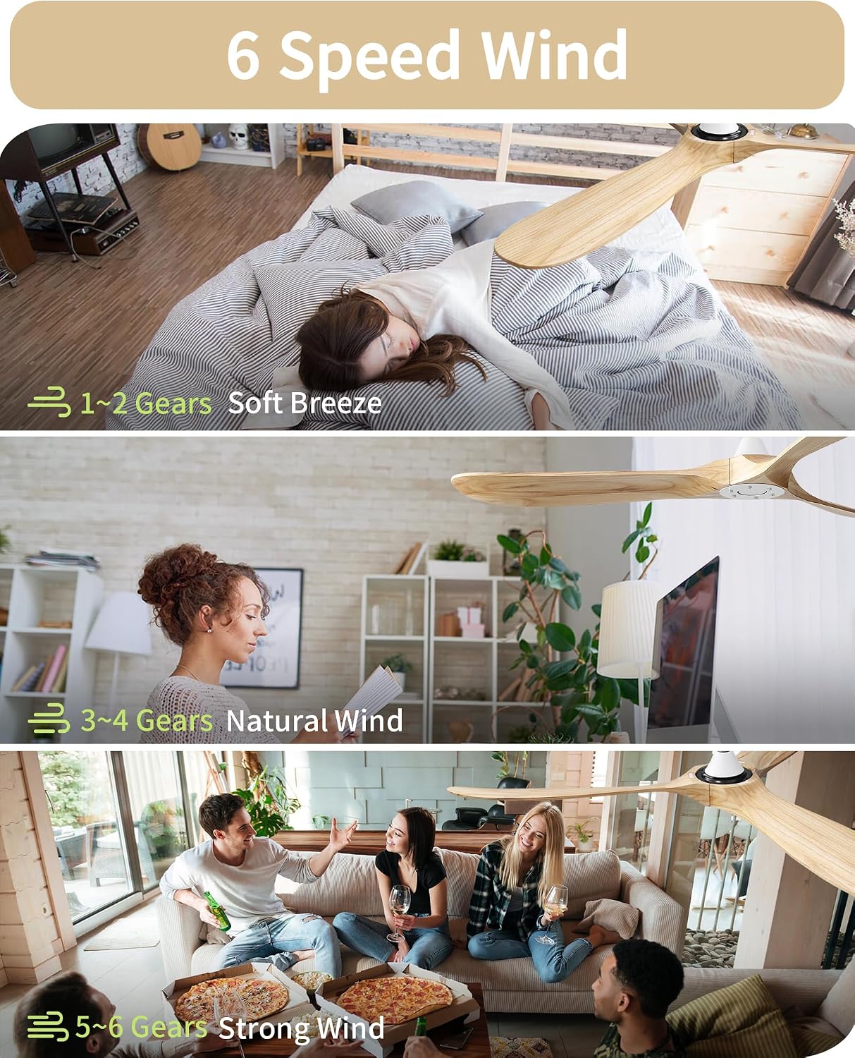 Sofucor 60 Inch Ceiling Fans No Light-Outdoor Ceiling Fan with Remote Control, 3 Blade Reversible DC Motor, Modern Wood Ceiling Fan Without Light for Bedroom Indoor Patios Farmhouse, Burlywood