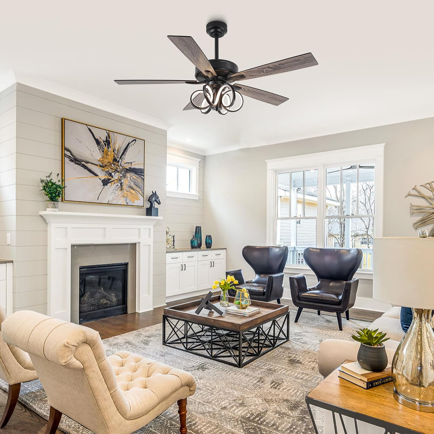 52 Inch Black Ceiling Fans with Lights and Remote - Creative Modern Ceiling Fan for Bedroom Living Room with 3CCT, 6 Speeds, Timer, Dual-Sided Reversible 5 Blades Indoor Outdoor Chandelier Fan