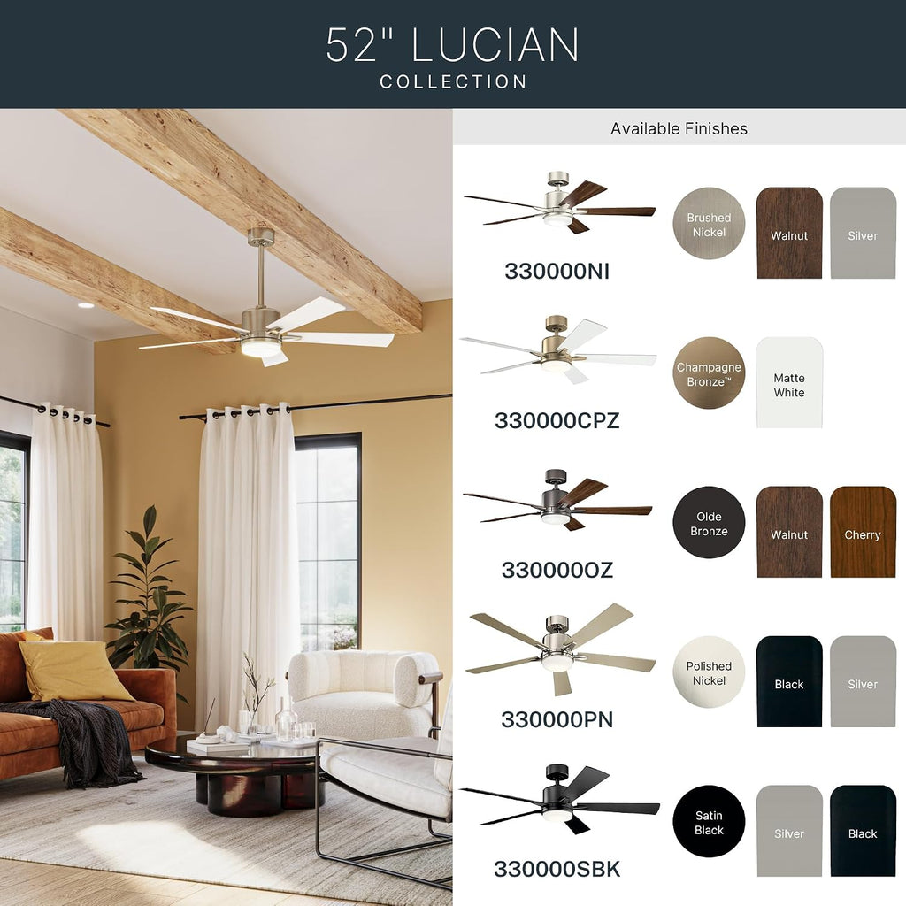 KICHLER 330000NI Protruding Mount, 5 Silver/Walnut Blades Ceiling fan with 73 watts light, Brushed Nickel